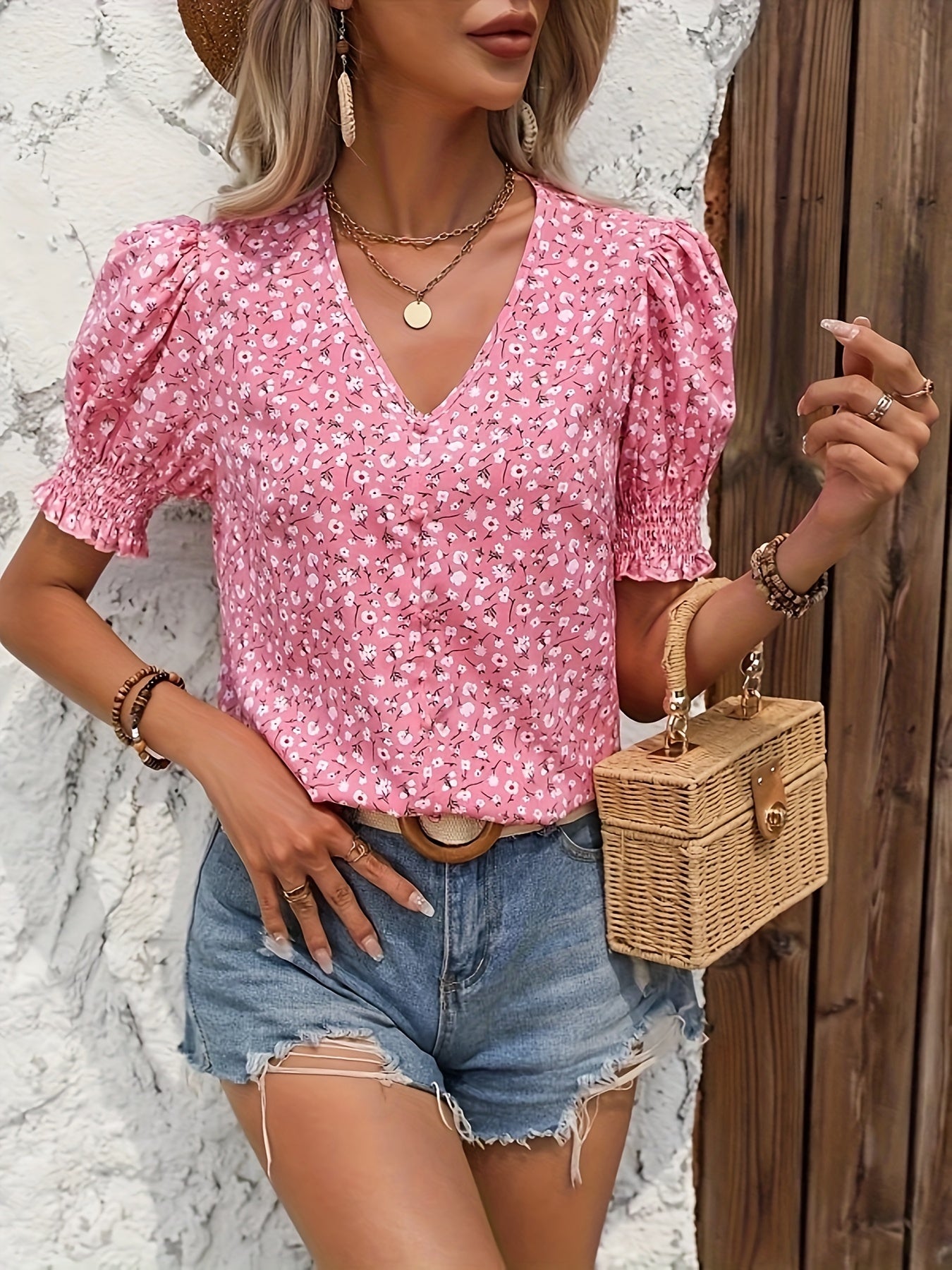 Amira™ | Floral Print Puff Short Sleeve Blouse