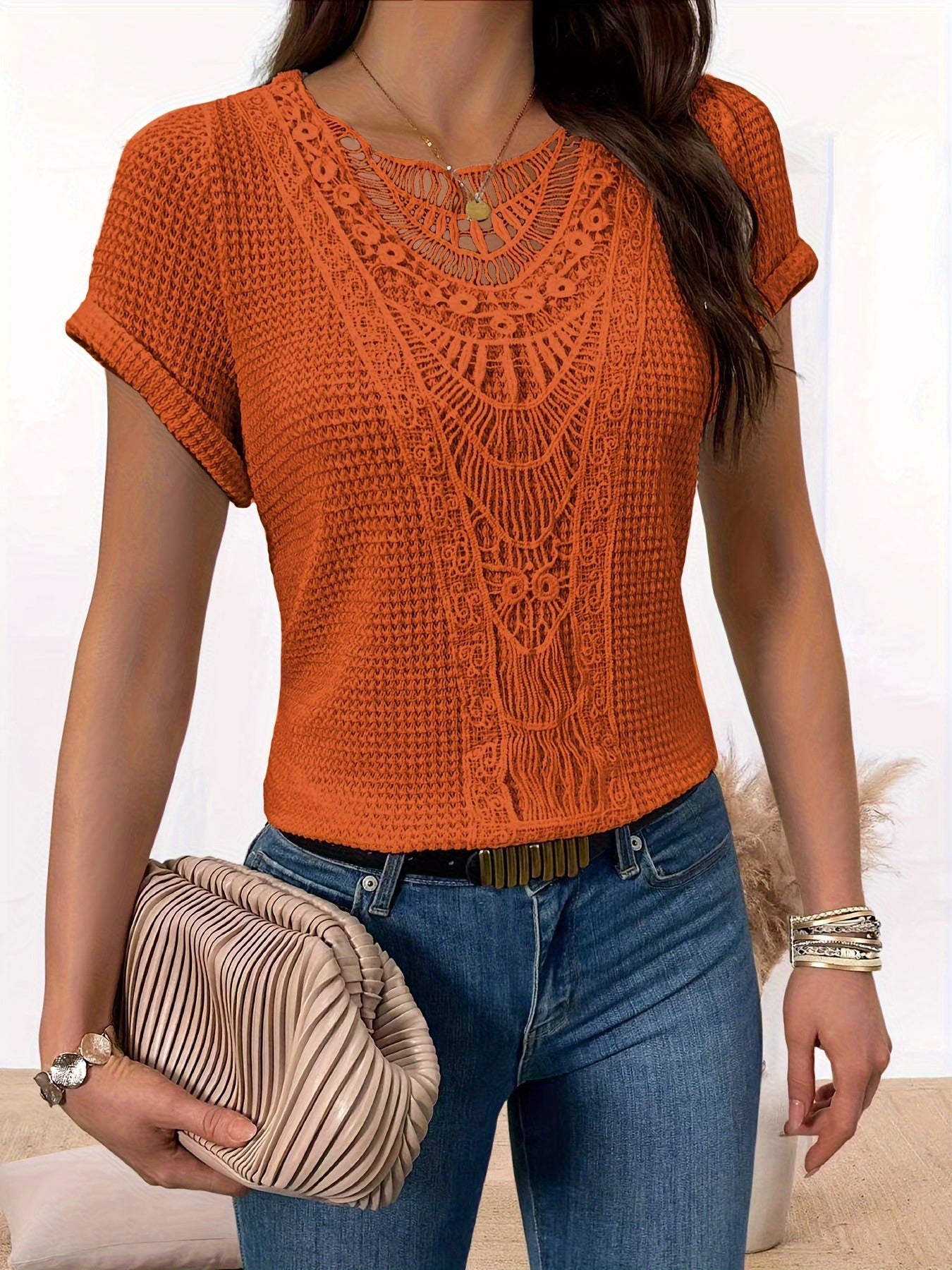 Emma™ Lace Splicing Crew Neck T-shirt