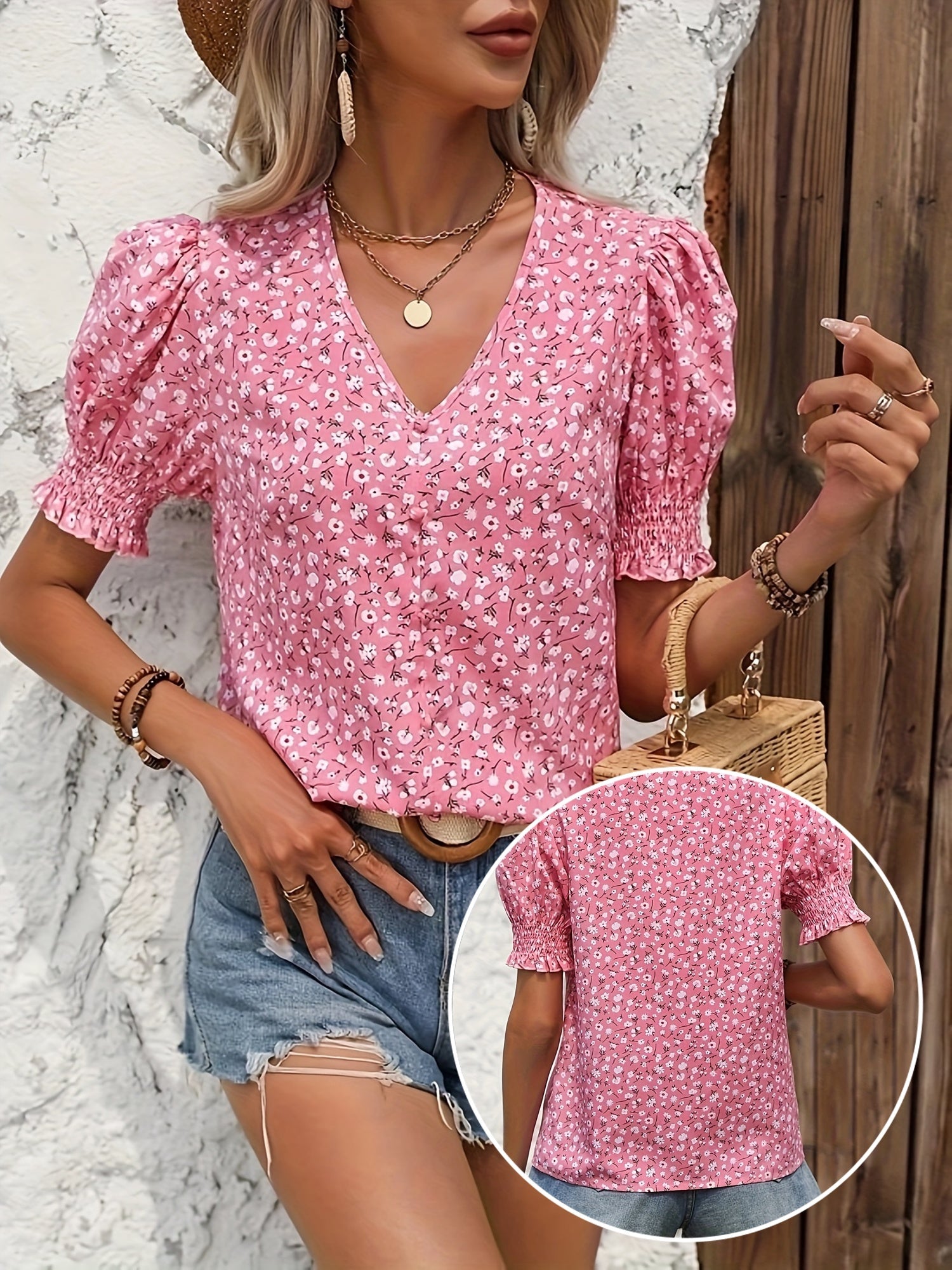 Amira™ | Floral Print Puff Short Sleeve Blouse