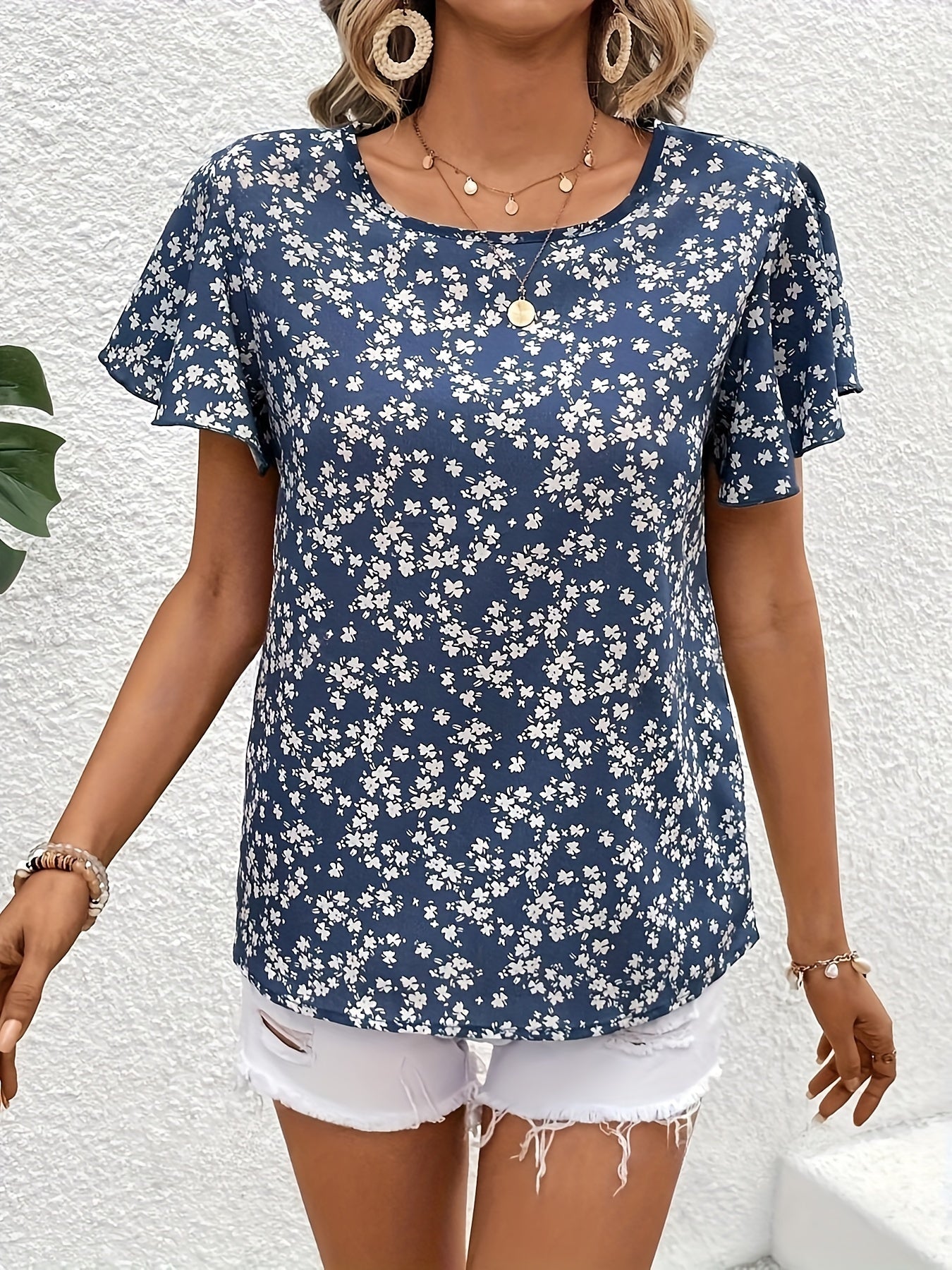 Celeste™ | Elegant Floral Print Crew Neck Blouse